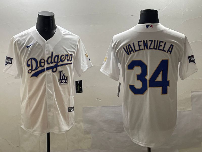 Men Los Angeles Dodgers #34 Valenzuela White blue Gold Game 2025 Nike MLB Jersey style 7